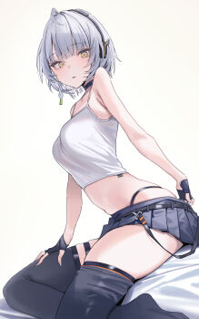 1girl ahoge anby_demara bare_shoulders black_choker black_gloves black_skirt black_thighhighs braid braided_sidelock breasts choker collarbone commentary_request crop_top fingerless_gloves from_side gloves grey_hair half_gloves headphones highres looking_at_viewer medium_breasts midriff navel no_jacket no_shoes open_mouth orange_eyes shirt short_hair simple_background skirt solo thigh_strap thighhighs tooyon white_background white_shirt zenless_zone_zero