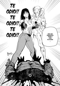 1boy 2girls aging_devil_(chainsaw_man) artist_name black_hair breasts chainsaw chainsaw_devil chainsaw_man character_doll doll greyscale hair_between_eyes hand_puppet hetero highres large_breasts long_hair monochrome multiple_girls open_mouth puppet ringed_eyes scar severed_torso shirt signature simple_background spanish_text therapy twitter_username victorbalgitt yoru_(chainsaw_man)