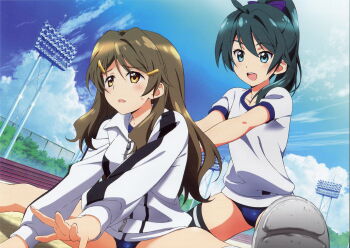2girls :d absurdres assisted_stretching blue_buruma brown_eyes buruma cloud d: day floodlights green_eyes green_hair gym_uniform hair_ornament hairclip highres jacket kneehighs kneeling long_hair multiple_girls official_art open_mouth ponytail saegusa_wakaba sano_keiichi scan shinomiya_himawari shoes sitting sky smile socks spread_legs stretching sweat talking thighhighs track_jacket vividred_operation white_legwear