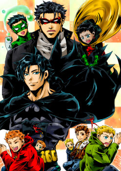 6+boys aqua_man barry_allen batman batman_(series) beard black_hair blonde_hair blue_eyes brothers brown_hair cape damian_wayne dark_skin dc_comics dick_grayson domino_mask eye_mask facial_hair flash_(series) gloves green_lantern green_lantern_(series) hal_jordan jacket jason_todd jewelry male_focus mask multiple_boys orange_hair red_hood red_hood_(dc) ring roy_harper running siblings smile the_flash wally_west