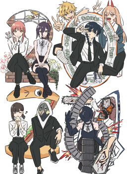 Rule 34 | 2026, 4boys, 5girls, absurdres, anger vein, apron, bare arms, bare shoulders, beam (chainsaw man), black apron, black choker, black gloves, black hair, black jacket, black pants, black shoes, black shorts, black suit, black thighhighs, blonde hair, blue jacket, bomb, bomb devil (chainsaw man), braid, breasts, brown hair, chainsaw, chainsaw man, choker, closed eyes, collared shirt, crossed ankles, crossed legs, demon girl, denji (chainsaw man), elbow gloves, explosive, flower, formal clothes, gloves, grey shoes, haromoti, hayakawa aki, head on hand, higashiyama kobeni, highres, holding, holding ice cream cone, holding knife, hood, hood up, horns, ice cream cone, jacket, jacket over hoodie, knife, loafers, low side ponytail, makima (chainsaw man), medium breasts, mouse on shoulder, multiple boys, multiple girls, musical note, neck ribbon, open mouth, pants, pink hair, power (chainsaw man), purple hair, red eyes, red flower, red hair, red horns, reze (chainsaw man), ribbon, shark, sharp teeth, shirt, shoes, shorts, sitting, sleeveless, sleeveless shirt, sleeves rolled up, smile, sneakers, spider lily, squatting, suit, suit jacket, teeth, thighhighs, tongue, tongue out, twin braids, v, violence fiend (chainsaw man), white background, white flower, white shirt, yellow flower