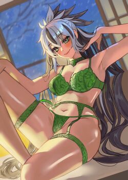 1girl bare_shoulders black_hair blush bra breasts choker cleavage fate/grand_order fate_(series) garter_belt green_bra green_eyes hair_between_eyes high_ponytail highres large_breasts long_hair looking_at_viewer multicolored_hair nagao_kagetora_(fate) navel ponytail sidelocks smile solo thighs two-tone_hair uesugi_kenshin_(first_ascension)_(fate) underwear very_long_hair white_hair wwkp_(akisenpai9999)