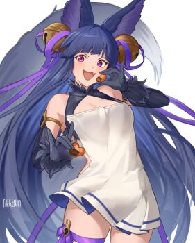 Rule 34 | 1girl, :3, animal ears, artist name, bare shoulders, bell, black gloves, blue hair, blush, breasts, cleavage, cookie, cowboy shot, dress, elbow gloves, fang, fikkyun, food, fox ears, fox girl, fox shadow puppet, fox tail, fur-trimmed gloves, fur trim, gloves, granblue fantasy, hair bell, hair ornament, hair ribbon, highres, holding, holding food, long hair, looking at viewer, open mouth, purple eyes, ribbon, simple background, sleeveless, sleeveless dress, small breasts, smile, solo, tail, thigh strap, v-shaped eyebrows, very long hair, white background, white dress, yuel (granblue fantasy)