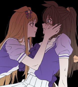 2girls animal_ears back_bow bags_under_eyes bare_arms black_background blue_bow blue_bowtie blue_eyes blue_shirt bow bowtie breasts brown_hair cowboy_shot ear_bow ears_down el_condor_pasa_(umamusume) eyelashes face-to-face from_side grass_wonder_(umamusume) hair_between_eyes hair_ornament hair_scrunchie high-waist_skirt highres horse_ears horse_girl horse_tail leaning_forward long_hair low-tied_long_hair lut01 multiple_girls nervous_sweating parted_lips pleated_skirt pointy_nose ponytail puffy_short_sleeves puffy_sleeves red_mask sailor_collar school_uniform scrunchie shield_hair_ornament shirt short_sleeves simple_background single_stripe skirt straight_hair striped_bow sweat tail tracen_school_uniform two-tone_shirt umamusume upper_body very_long_hair white_sailor_collar white_shirt white_skirt wrestling_mask yuri