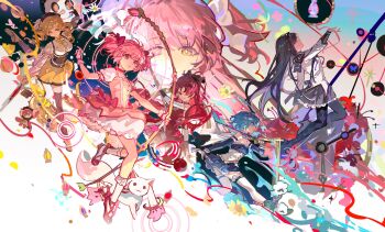 Rule 34 | 5girls, akemi homura, akemi homura (magical girl), beret, black boots, black hair, black pantyhose, blonde hair, blue eyes, blue hair, blue skirt, blue sleeves, boots, bow, bow (weapon), breasts, bubble skirt, cape, charlotte (madoka magica), closed mouth, color-coded, corset, creature, detached sleeves, dress, drill hair, full body, gloves, gun, hair bow, hairband, hat, highres, holding, holding bow (weapon), holding polearm, holding sword, holding weapon, holy quintet, kaname madoka, kaname madoka (magical girl), knee boots, kyubey, large breasts, long hair, long sleeves, looking at viewer, magical girl, magical musket (madoka magica), mahou shoujo madoka magica, mahou shoujo madoka magica (anime), mento, miki sayaka, miki sayaka (magical girl), multiple girls, pantyhose, pink dress, pink eyes, pink hair, pink shoes, polearm, puffy short sleeves, puffy sleeves, red boots, red dress, red eyes, red hair, ribbon, sakura kyoko, sakura kyoko (magical girl), shadow, shoes, short hair, short sleeves, short twintails, skirt, small breasts, smile, soul gem, standing, standing on one leg, striped clothes, striped thighhighs, sword, thighhighs, tomoe mami, tomoe mami (magical girl), twin drills, twintails, vertical-striped clothes, vertical-striped thighhighs, weapon, white cape, white gloves, white thighhighs, yellow eyes, yellow shoes, yellow skirt