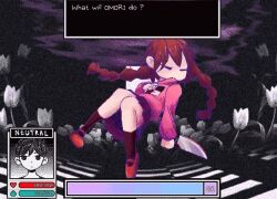 1boy 1girl animated braid crossover expressionless floating flower gameplay_mechanics holding holding_knife knife madotsuki negativusc omori red_hair red_skirt skirt tagme tulip twin_braids user_interface video yume_nikki