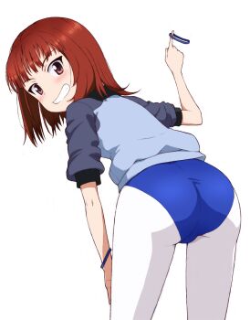 1girl ass blue_buruma blush brown_eyes brown_hair buruma girls_und_panzer grin hairband kayabakoro keizoku_military_uniform looking_at_viewer looking_back mikko_(girls_und_panzer) military_uniform pantyhose short_hair simple_background smile solo unworn_hairband white_background white_pantyhose