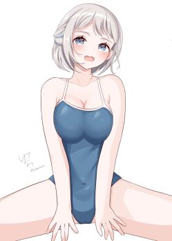 1girl :o armpit_crease bare_arms blue_eyes blue_ribbon blush braid breasts cleavage commentary_request covered_navel gakuen_idolmaster grey_hair hair_ribbon half_up_braid highres idolmaster katsuragi_lilja looking_at_viewer medium_breasts ribbon ribbon_braid school_swimsuit short_hair signature simple_background sitting solo spread_legs swimsuit thighs twitter_username white_background yuzunatsu_(xrsh8343)