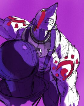 1boy capcom clenched_teeth colored_sclera colored_skin earrings exercising facepaint highres hoop_earrings jewelry looking_up male_focus mask mecha_cell muscular muscular_male necklace necro_(street_fighter) no_pupils purple_background sharp_teeth solo street_fighter street_fighter_iii_(series) suspenders tattoo teeth topless_male weightlifting white_skin yellow_eyes