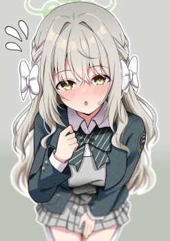Rule 34 | 1girl, absurdres, blazer, blue archive, blush, bow, bowtie, braid, breasts, collared shirt, commentary request, dress shirt, flying sweatdrops, green bow, green bowtie, green halo, green jacket, grey background, grey hair, grey skirt, hair between eyes, hair bow, hair intakes, hair ribbon, halo, hand on own thigh, highres, hosinonana, jacket, long hair, long sleeves, looking at viewer, medium breasts, miyo (blue archive), open mouth, plaid clothes, plaid skirt, pleated skirt, ribbon, ribbon braid, school uniform, shirt, simple background, skirt, smile, solo, sweat, very long hair, wavy hair, white bow, white ribbon, white shirt, yellow eyes