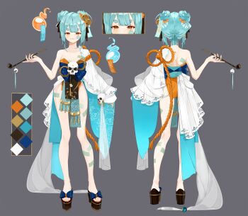 1girl absurdres artist_request back blue_hair blue_ribbon breasts closed_mouth color_guide double_bun eyeshadow hair_bun highres hitodama holding holding_smoking_pipe inami_yoki inami_yoki_(3rd_costume) indie_virtual_youtuber loincloth makeup medium_breasts ofuda orange_eyes orange_eyeshadow platform_sandals reference_sheet ribbon rope sandals shimenawa short_hair shoulder_blades skull smoking_pipe talisman thighs toes