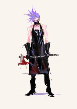 1boy apron axe bare_shoulders black_apron black_boots black_choker black_gloves black_mask blood blood_on_clothes bloody_weapon body_markings boots choker dragon_boy_(to_be_hero_x) eyebrow_piercing face_piercing facial_mark forehead_mark full_body gloves grey_background holding holding_axe male_focus mask mouth_mask piercing purple_hair sd2190392804 short_hair sketch solo spiked_hair standing to_be_hero to_be_hero_x weapon