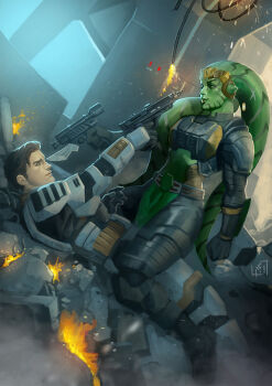 1boy 1girl aiming alien armor colored_skin fire green_skin gun handgun hifarry highres holding holding_gun holding_weapon kaden_elliso_(saberrom) lekku_(anatomy) looking_at_another saleen_jarvik_(ivynotorious) sparks star_wars twi&#039;lek weapon