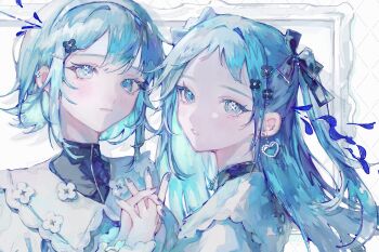 Rule 34 | 2girls, absurdres, blue eyes, blue hair, blue theme, blush, dress, earrings, flower, frilled dress, frills, hair flower, hair ornament, hair ribbon, heart, heart earrings, highres, implied yuri, interlocked fingers, jewelry, jitome, lolita fashion, long hair, looking at viewer, mirror, multiple girls, nekome toworu, original, piercing, ribbon, short hair, sweet lolita, wavy hair