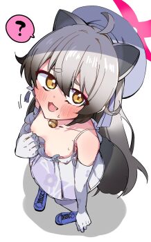 1girl ? ahoge animal_ears bell blue_archive blush clothes_pull dress dress_pull elbow_gloves fang from_above gloves grey_hair highres jingle_bell long_hair looking_at_viewer looking_up michiru_(blue_archive) michiru_(dress)_(blue_archive) neck_bell nipples open_mouth raccoon_ears raccoon_girl raccoon_tail res1dents1eeper simple_background solo spoken_question_mark standing tail white_background white_dress white_gloves yellow_eyes