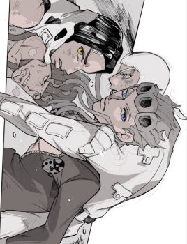 Rule 34 | 4boys, animal print, blue eyes, brothers, commentary request, cow print, donatello versus, earrings, giorno giovanna, hat, jacket, jewelry, jojo no kimyou na bouken, ladybug ornament, long hair, male focus, monochrome, multiple boys, muted color, rikiel, rokurokuutako, siblings, spot color, stone ocean, stud earrings, tongue, tongue out, ungaro, vento aureo, victory rolls, yellow eyes