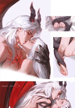 1boy 1girl artist_name black_sclera bound bound_wrists colored_sclera couple dragon_boy dragon_claw dragon_horn dragon_tail dragon_wings french_kiss from_side hand_on_another&#039;s_head hetero holding holding_with_tail kiss long_hair love_and_deepspace nude paid_reward_available prehensile_tail protagonist_(love_and_deepspace) red_eyes shark_onni simple_background straight_hair sylus_(love_and_deepspace) tail tail_wrap tongue white_background white_hair wings