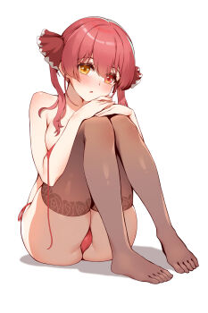 1girl :o armpit_crease blush bra breasts brown_thighhighs commentary feet full_body hair_between_eyes hair_over_shoulder hair_ribbon heterochromia highres hololive houshou_marine hugging_own_legs knees_up large_breasts long_bangs long_hair looking_at_viewer open_bra panties parted_lips red_bra red_eyes red_hair red_panties red_ribbon ribbon secon side-tie_panties simple_background sitting solo thighhighs thighs toes twintails underwear virtual_youtuber white_background yellow_eyes