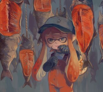 1girl baseball_cap blue_eyes blue_hat blunt_bangs bonjirinosuke clenched_hands closed_mouth cowboy_shot dead_animal female_focus fish flat_chest food food_on_face golden_egg_(splatoon) hands_up happy hat holding_net inkling inkling_girl inkling_player_character jumpsuit long_hair looking_at_viewer net nintendo orange_hair orange_jumpsuit over_shoulder pointy_ears rope salmon salmon_run_(splatoon) shirt sidelocks smile solo splatoon_(series) splatoon_2 standing suction_cups white_shirt wiping_mouth