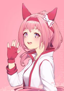 1girl absurdres animal_ears blush bow breasts ear_bow ear_covers fingerless_gloves flower flower-shaped_pupils flower_in_eye gloves hairband haru_urara_(bestest_prize)_(umamusume) haru_urara_(umamusume) headband highres horse_ears horse_girl horse_tail jacket long_hair looking_at_viewer open_mouth patatatan petals pink_background pink_eyes pink_hair pink_headband ponytail red_gloves red_headband shirt simple_background smile solo symbol-shaped_pupils symbol_in_eye tail teeth tongue umamusume upper_body upper_teeth_only waving white_jacket white_shirt
