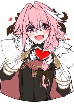 1boy :3 :d absurdres astolfo_(fate) astolfo_(rider)_(fate) black_bow black_ribbon blush bow braid cloak commentary_request diagonal-striped_background fang fate/apocrypha fate/grand_order fate_(series) four-finger_heart_hands fur-trimmed_cloak fur_trim gauntlets gloves hair_between_eyes hair_bow hair_intakes hair_ribbon heart heart_hands heart_in_heart_hands highres long_hair looking_at_viewer male_focus multicolored_hair open_mouth pink_hair purple_eyes ribbon shirt sidelocks single_braid smile solo streaked_hair striped_background takatun223 trap upper_body white_cloak white_hair