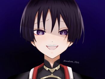 Rule 34 | 1boy, amhr 46, black bodysuit, black kimono, blue background, bodysuit, bright pupils, genshin impact, gold, japanese clothes, jewelry, juban, kimono, looking at viewer, male focus, mandarin collar, neck ring, open mouth, partially shaded face, portrait, purple eyes, purple hair, raised eyebrows, red kimono, ringed eyes, scaramouche (genshin impact), solo, straight-on, teeth, tongue, tsurime, twitter username, upper teeth only, white kimono, white pupils