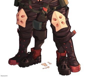absurdres bakugou_katsuki belt boku_no_hero_academia boots cum cum_on_floor dekudash highres implied_sex implied_yaoi invisible_floor knee_pads lower_body midoriya_izuku open_belt open_fly protected_link sex sex_from_behind simple_background standing superhero_costume twitter_username white_background yaoi