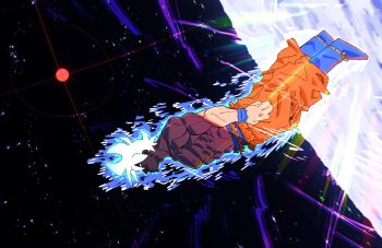 1boy absurdres aura commentary dragon_ball dragon_ball_super english_commentary highres kyo_yukanna male_focus muscular muscular_male orange_pants pants saiyan solo son_goku space spiked_hair super_saiyan topless_male ultra_instinct white_hair