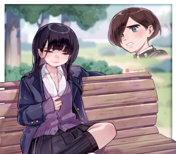 1boy 1girl aqua_eyes bench black_hair black_skirt black_socks blue_jacket blush boku_no_kokoro_no_yabai_yatsu brown_hair cardigan crossed_legs gakuran half-closed_eyes highres ichikawa_kyoutarou instagram_logo instagram_username jacket lianbiglian long_sleeves outdoors park_bench parody partially_unbuttoned pleated_skirt purple_cardigan school_uniform shirt skirt smile socks solo tree white_shirt yamada_anna yaranaika
