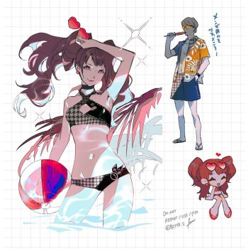 Rule 34 | 1boy, 1girl, arm up, bad id, bad twitter id, ball, beachball, bikini, black bikini, breasts, brown hair, btmr game, cropped legs, hand in pocket, hawaiian shirt, heart, heart-shaped eyewear, holding, holding ball, holding beachball, holding removed eyewear, kujikawa rise, long hair, looking at viewer, multiple views, narukami yu, navel, persona, persona 4, shirt, short hair, shorts, small breasts, smile, sparkle, standing, sunglasses, swimsuit, translation request, twintails, unworn eyewear