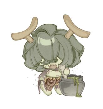 1girl bone bug cauldron chibi chibi_only chinese_commentary colored_skin commentary_request fly freckles green_hair green_skin guro highres holding holding_bone insect intestines monster_girl nurgle open_mouth simple_background smile solo stirring warhammer_40k white_background yigeweiren607