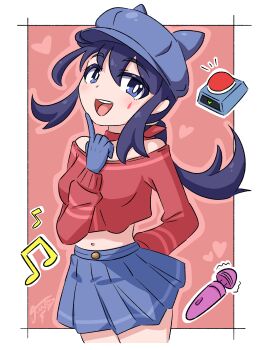 1girl absurdres aged_down blue_eyes blue_hair blush breasts cool_mita_(miside) female_focus hat highres jua medium_breasts medium_hair miside mita_(miside) navel note open_mouth sex_toy skirt solo standing tongue trembling vibrator