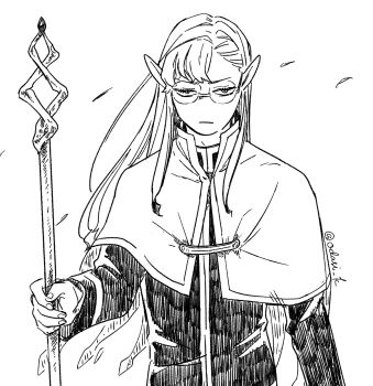 Rule 34 | 1boy, artist name, capelet, dungeon ni deai wo motomeru no wa machigatteiru darou ka, expressionless, hatching (texture), hedin selland, highres, holding, holding staff, linear hatching, long hair, long sleeves, looking at viewer, male focus, odasi k, pointy ears, round eyewear, solo, staff, twitter username