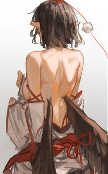 Rule 34 | 1girl, absurdres, back, breasts, brown hair, brown wings, commentary request, detached sleeves, facing away, feathered wings, from behind, hat, highres, japanese clothes, kimono, kourindou tengu costume, medium breasts, medium hair, official alternate costume, pointy ears, pom pom (clothes), red hat, shameimaru aya, tokin hat, touhou, vanilla flan, white kimono, wings