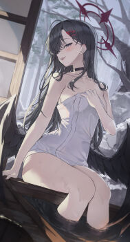 Rule 34 | 1girl, absurdres, bathhouse, black hair, black wings, blue archive, blush, breasts, choker, collarbone, commentary, feathered wings, grey eyes, hair ornament, hairclip, halo, highres, ichika (blue archive), k.j., long hair, low wings, naked towel, open mouth, partially submerged, red halo, shouji, sitting, sliding doors, smile, snow, solo, steam, teeth, thighs, towel, tree, unusually open eyes, upper teeth only, water, wet, wings