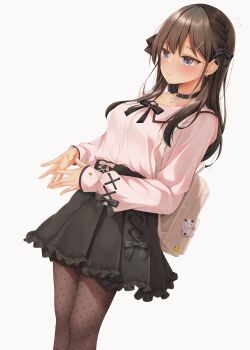 1girl backpack bag black_bow black_collar black_skirt blush bow braid breasts brown_hair brown_pantyhose closed_mouth collar collarbone flying_sweatdrops frilled_skirt frills grey_background grey_eyes hair_bow hair_ornament hairclip highres jirai_kei long_hair long_sleeves medium_breasts minato_ojitan original pantyhose pink_shirt pleated_skirt polka_dot polka_dot_pantyhose puffy_long_sleeves puffy_sleeves shirt simple_background skirt sleeves_past_wrists solo steepled_fingers tan