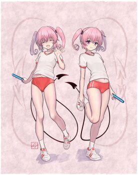 absurdres buruma cameltoe closed_mouth commentary demon_girl demon_tail elementary_(lolipope) english_commentary flat_chest full_body gym_uniform heart heart_tail highres loli looking_at_viewer medium_hair midriff_peek nana_asta_deviluke navel open_mouth petite pink_hair purple_eyes red_buruma shoes socks standing tail to_love-ru twintails waving white_shoes white_socks