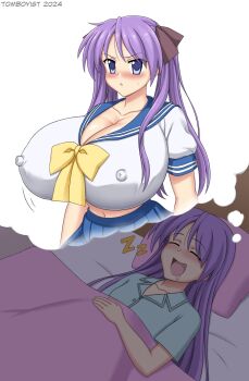 Rule 34 | 1girl, bed, breasts, dreaming, hiiragi kagami, huge breasts, lucky star, purple eyes, purple hair, school uniform, sleeping, tomboyist