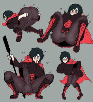 1futa ass black_hair blush boots breasts cape dress erection futanari grey_eyes huge_ass huge_breasts huge_penis leggings penis purple_eyes red_cape ruby_rose rwby short_hair sinensian solo testicles
