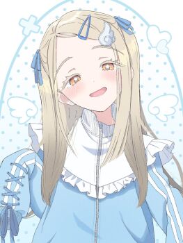 1girl commentary_request gakuen_idolmaster highres idolmaster jersey_maid long_hair looking_at_viewer maid open_mouth orange_eyes ozuma_(takarinhoi0621) parted_bangs shinosawa_hiro smile solo unconventional_maid upper_body