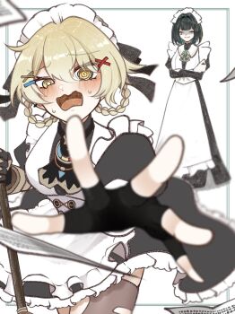 2girls @_@ alternate_costume apron blonde_hair blue_eyes blurry blurry_foreground blush braid braided_hair_rings bright_pupils broom closed_eyes closed_mouth crossed_arms dress enmaided fingerless_gloves foreshortening genshin_impact gloves green_hair hair_between_eyes hair_rings highres holding holding_broom jahoda_(genshin_impact) leaning_forward long_sleeves maid maid_apron maid_headdress mechanical_arms medium_hair mismatched_pupils multicolored_eyes multiple_girls nefer_(genshin_impact) nervous open_mouth outstretched_arm outstretched_hand paper partially_shaded_face prosthesis prosthetic_arm raised_inner_eyebrows reaching single_glove single_mechanical_arm single_thighhigh smile spread_fingers standing star-shaped_pupils star_(symbol) sweat symbol-shaped_pupils thighhighs torn_clothes torn_thighhighs two-tone_eyes uneven_eyes utugi_fa white_apron white_pupils yellow_eyes