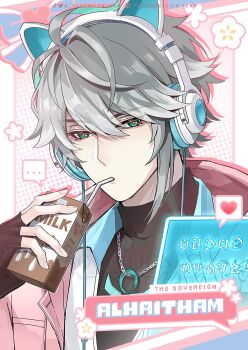 ... 1boy alhaitham_(genshin_impact) animal_ear_headphones animal_ears antenna_hair artist_name black_gloves black_shirt border cable cat_ear_headphones cat_ears chain chain_necklace character_name chocolate_milk closed_mouth collared_shirt commentary drink_carton drinking_straw drinking_straw_in_mouth english_commentary facebook_logo facebook_username fake_animal_ears fingerless_gloves flower_symbol genshin_impact gloves green_eyes grey_hair hair_between_eyes hand_up headphones heart holding holding_milk_carton holographic_interface jacket jewelry looking_at_viewer male_focus milk_carton necklace open_clothes open_jacket outside_border pink_background pink_jacket shirt short_hair solo sovereignteam speech_bubble spoken_ellipsis spoken_heart swept_bangs tiktok_logo turtleneck twitter_logo twitter_username upper_body white_border white_shirt