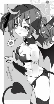 1girl ahoge ass bat_hair_ornament blue_archive blush breasts cleavage commentary_request demon_tail demon_wings detached_collar greyscale hair_ornament hair_ribbon hairclip halo highres izuoku looking_at_viewer monochrome multicolored_hair nail_polish own_hands_together rena_(blue_archive) ribbon small_breasts solo spoken_squiggle squiggle steepled_fingers streaked_hair swimsuit symbol-shaped_pupils tail thighhighs twintails wings x_hair_ornament