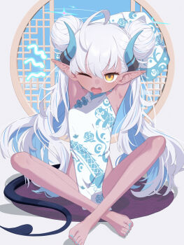 1girl absurdres ahoge armpits arms_up barefoot black_tail blue_archive blue_hair blue_horns blue_nails china_dress chinese_clothes colored_inner_hair dark-skinned_female dark_skin demon_girl demon_horns demon_tail double_bun dragon_print dress flat_chest hair_bun highres horns loli long_hair looking_at_viewer md5_mismatch multicolored_hair nail_polish one_eye_closed open_mouth pointy_ears revision sitting solo spread_legs sumomo_(blue_archive) tail take_mawile toenail_polish toenails two-tone_hair white_dress white_hair yellow_eyes