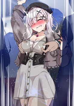 1girl absurdres ahoge asymmetrical_bangs black_choker black_corset blush bow_print breasts chikan choker cleavage corset dress embroidery embroidery eyes_visible_through_hair frilled_corset frilled_jacket frills grabbing_another's_breast groping hair_ornament hair_over_one_eye highres jacket large_breasts long_hair mole mole_under_eye molestation nijisanji nipple_rub nipple_stimulation open_mouth pendant_choker see-through_clothes see-through_dress sukoya_kana sukoya_kana_(5th_costume) ume_shiri_vvv virtual_youtuber x_(symbol) x_hair_ornament