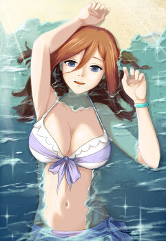 1girl absurdres arms_up beach bikini blue_eyes bracelet breasts brown_hair cleavage collarbone commentary datalyf english_commentary go-toubun_no_hanayome hair_between_eyes highres jewelry large_breasts long_hair long_hair_between_eyes looking_at_viewer lying multicolored_bikini nakano_miku navel on_back on_ground parted_lips partially_submerged purple_bikini shorekeeper_(wuthering_waves) solo swimsuit two-tone_bikini upper_body water white_bikini