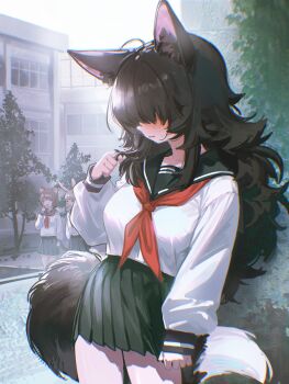3girls against_wall animal_ear_fluff animal_ears blush cat_ears cat_girl cat_tail closed_eyes commentary covered_eyes english_commentary fence highres holding_own_hair laughing long_bangs long_hair long_sleeves looking_to_the_side medium_hair multiple_girls neckerchief necktie omote_m0nl open_mouth original rabbit_ears rabbit_girl red_neckerchief school school_uniform serafuku skirt sunlight sweatdrop tail thighs tree wolf_ears wolf_girl wolf_tail