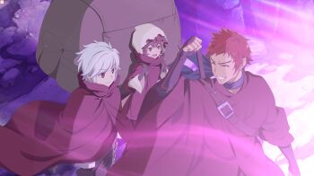 1girl 2boys :d anime_coloring backpack bag bell_cranel black_gloves blue_scarf brown_eyes brown_hair cave_interior clenched_hand cloak closed_eyes closed_mouth danmachi_battle_chronicle dungeon_ni_deai_wo_motomeru_no_wa_machigatteiru_darou_ka fingerless_gloves game_cg gloves grin hand_up highres hood hood_up liliruca_arde multiple_boys non-web_source official_art open_mouth oversized_backpack red_cloak red_eyes red_hair scarf short_hair smile spiked_hair welf_crozzo white_hair