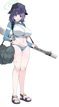 1girl absurdres bikini blue_archive blue_bikini blue_eyes breasts bucket_hat green_halo halo hat highres jacket lahti-saloranta_m/26 large_breasts multicolored_jacket navel official_alternate_costume plentyofempty purple_hair saki_(blue_archive) saki_(swimsuit)_(blue_archive) simple_background solo swimsuit two-tone_jacket white_background