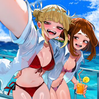 2girls absurdres arm_around_waist bags_under_eyes beach bikini black_bikini blonde_hair blue_sky blunt_bangs boku_no_hero_academia breasts brown_eyes brown_hair cleavage commentary_request cup double_bun drinking_glass food front-tie_bikini_top front-tie_top fruit hair_bun highres holding holding_cup lemon lemon_slice looking_at_viewer medium_breasts messy_hair multicolored_bikini multiple_girls navel ocean open_clothes open_mouth open_shirt outdoors purple_bikini red_bikini selfie shirt short_hair short_sleeves side-tie_bikini_bottom sidelocks sky smile swimsuit toga_himiko two-tone_bikini uraraka_ochako white_shirt yellow_eyes zd_(pixiv6210083)